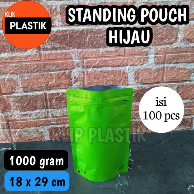 Isi 100 Standing Pouch hijau SUPER ALUMINIUM FOIL 1000 gram  kpack