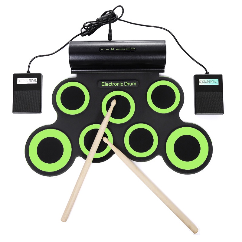 Set Drum Elektronik 7 Pad Silikon Gulung Portable 2 Warna Dengan Speaker Built-in + Stik Sustain Pedal