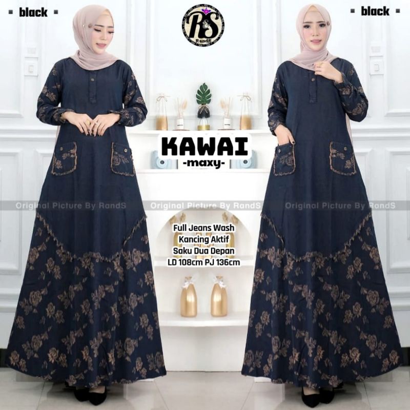 Corina#2 maxy Gamis jeans denim halus Gamis busui jeans motif bunga cantik bisa COD