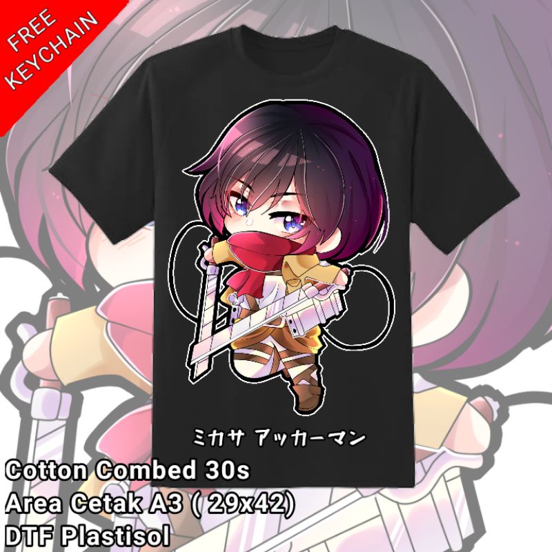 [AOT] Kaos Shingeki No Kyoujin Mikasa Ackerman || Cotton Combed 30s || Free Keychain