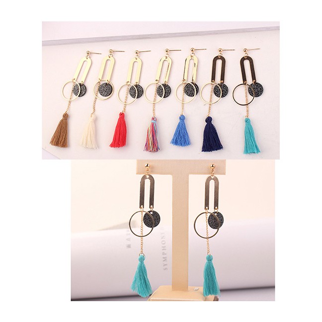 LRC Anting Tusuk Personality Round Shape Decorated Long Tassel Earrings