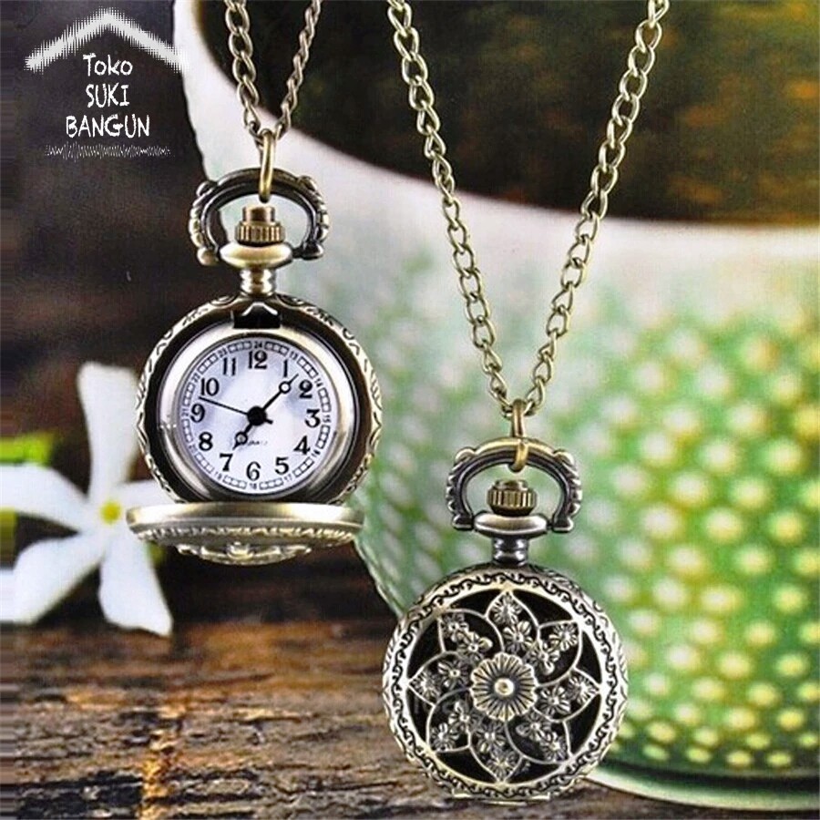 Pocket Watch Bronze Vintage Retro Pendant Necklace Chain Kalung Jam