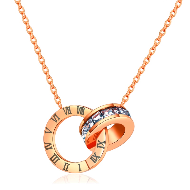 Kalung Rantai Dengan Liontin Cincin Ganda Aksen Berlian Imitasi Warna Rose Gold