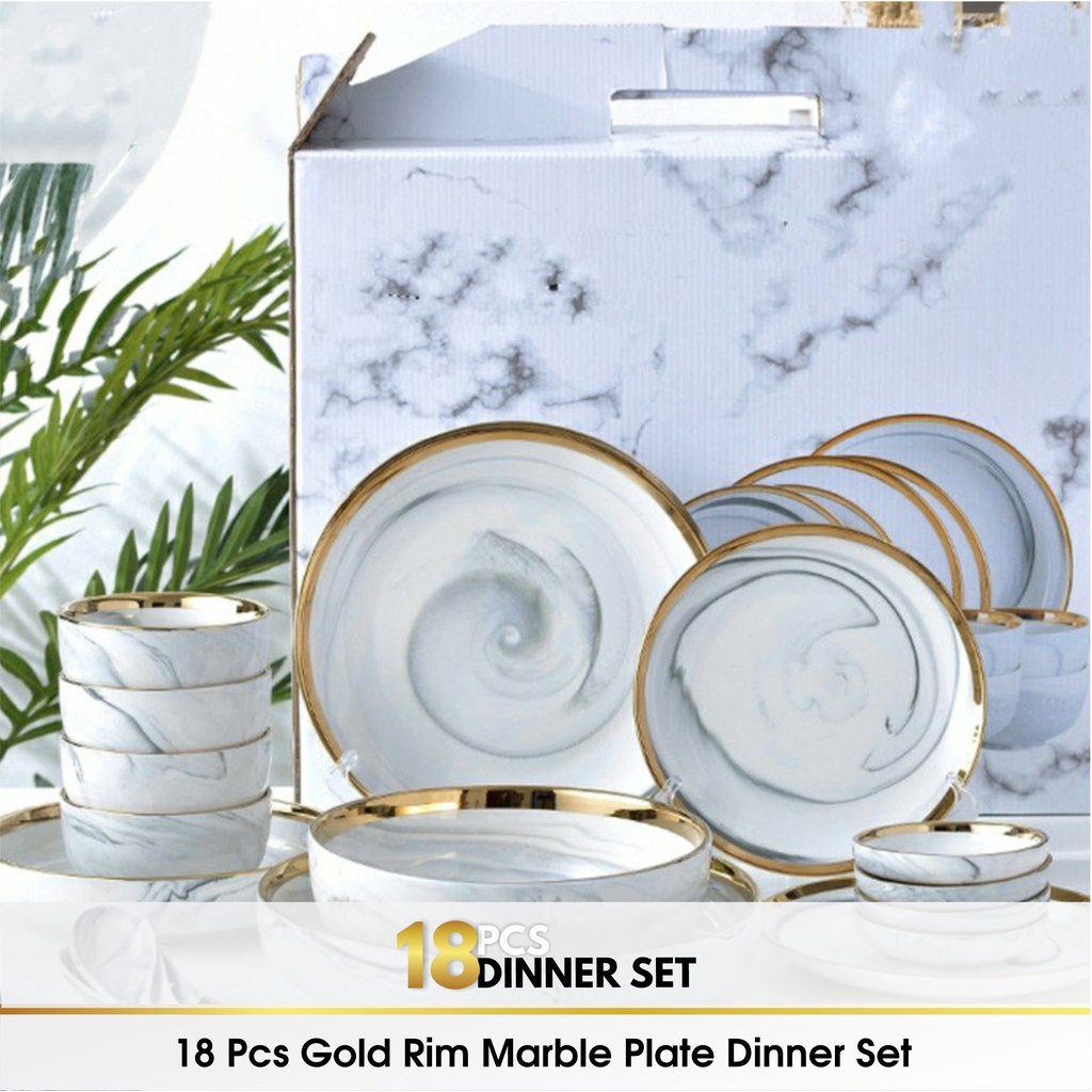 Set 18 &amp; 26 PCS Piring Mangkok Mangkuk Makan Keramik Bowl Set Marble Marbel Plate Gold Rim