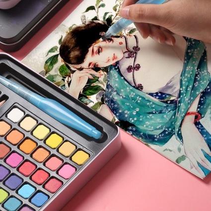 

Trendy TOPER Watercolor Set 48 Warna Solid Free Kuas dan Kertas Gambar Metal Tin Case/Cat Air Padat Set/Water Color Set