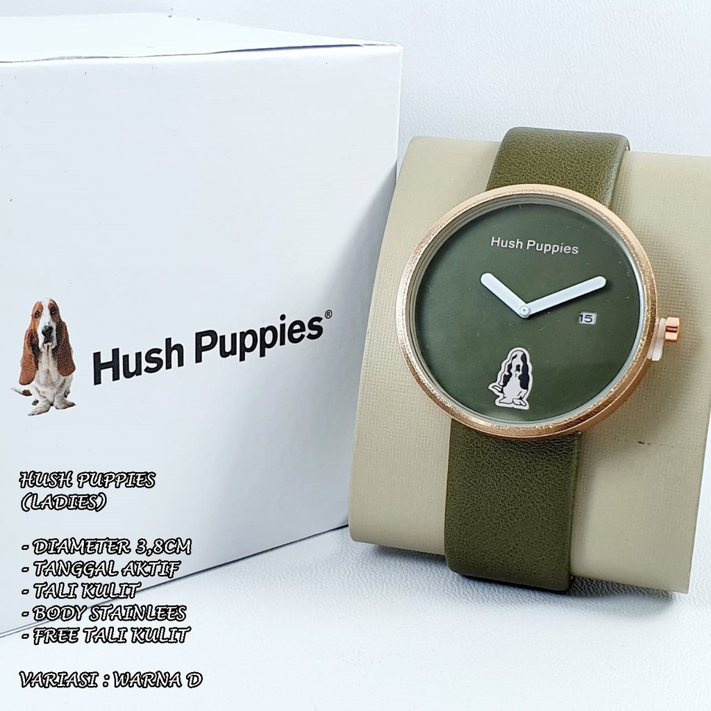 JAM TANGAN WANITA HUSH PUPPIES TALI KULIT BODY BULAT TANGGAL AKTIF FREE TALI KULIT