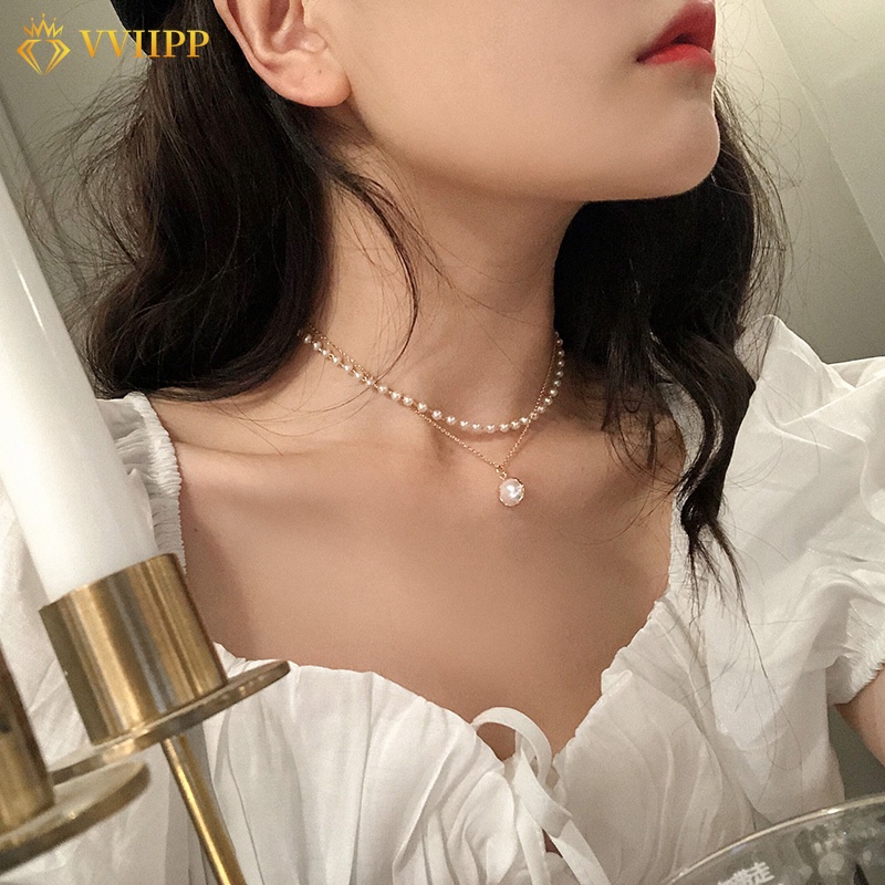 IFYOU Kalung Rantai Choker Multilayer Liontin Mutiara Bahan Metal Gaya Retro Korea Untuk Wanita