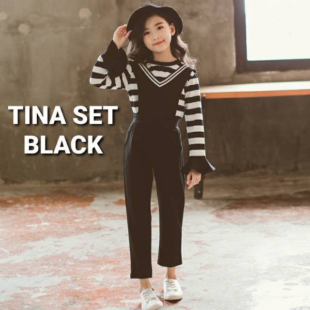 OVERALL ANAK PEREMPUAN IMPORT KOREA STRIPE BLACK / JUMPSUIT ANAK CEWEK IMPORT WARNA HITAM