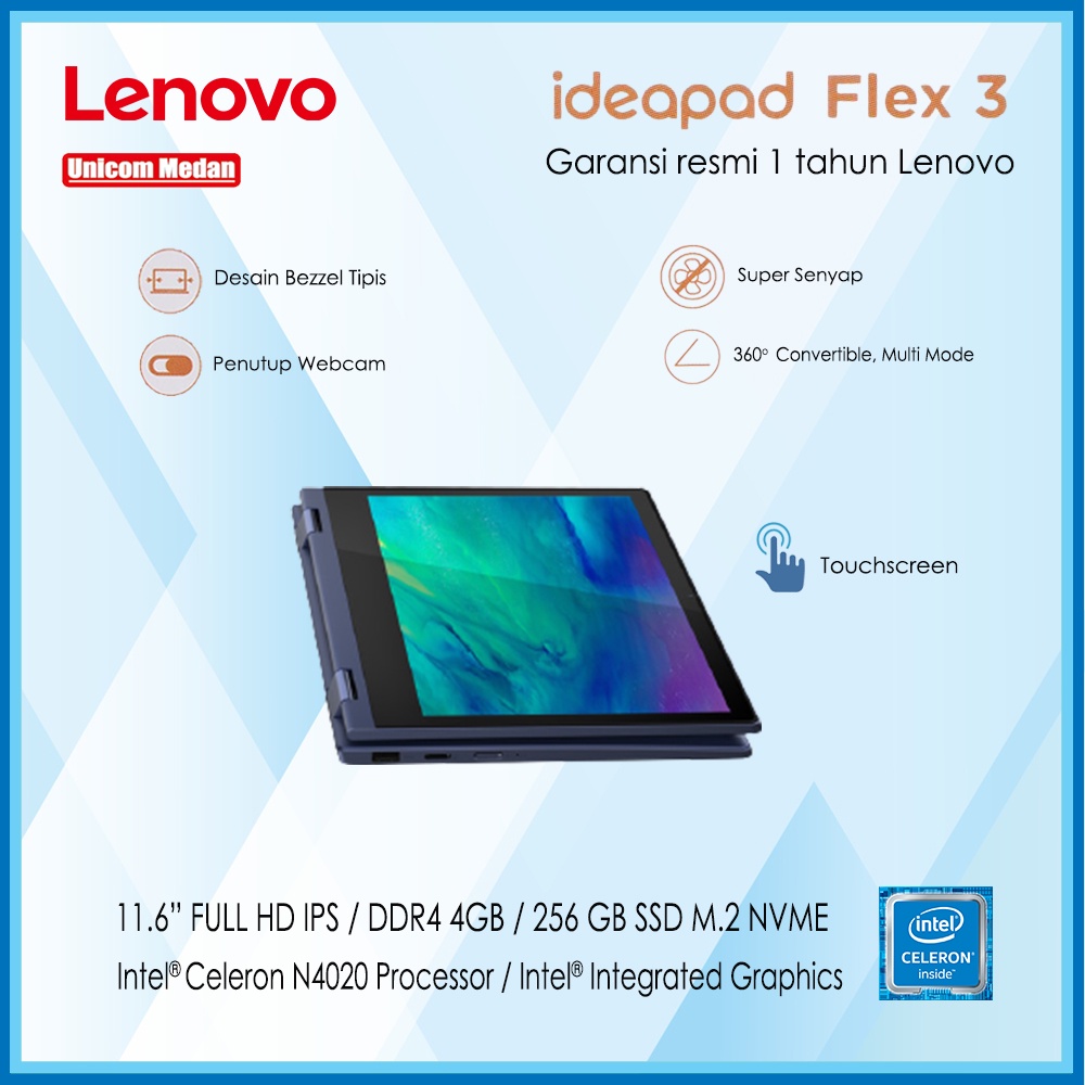 LAPTOP LENOVO IDEAPAD FLEX 3 Intel N4020/ 4GB DDR4/ 11.6&quot; FULL HD IPS/256 SSD