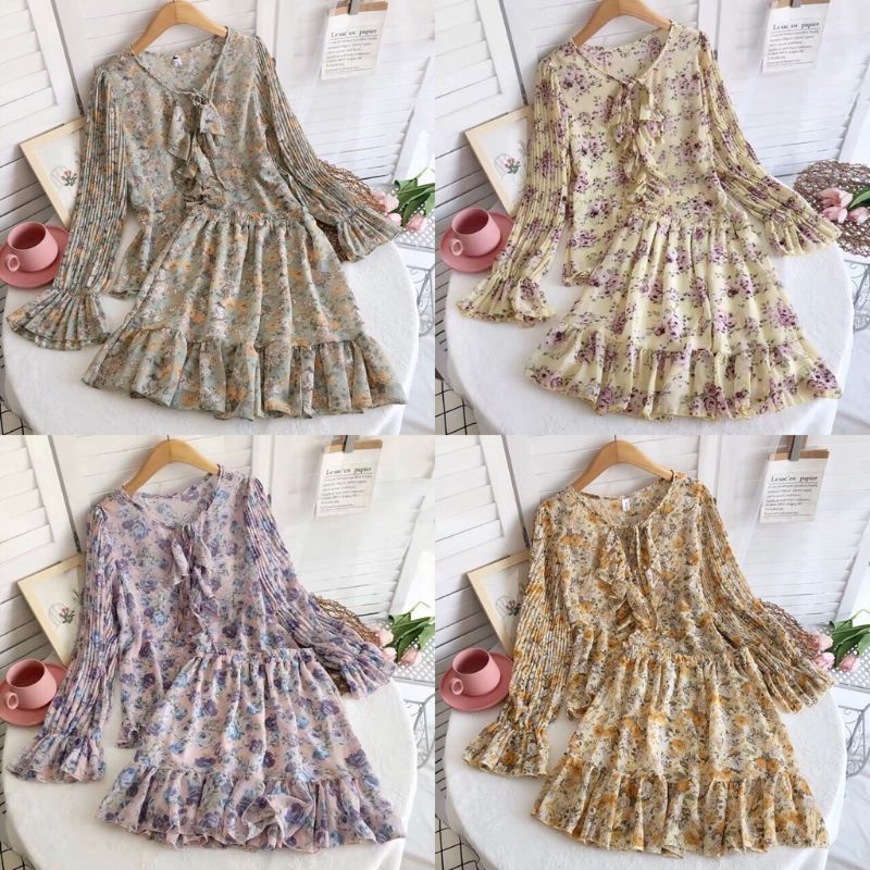 VN SUMMER SET / ONE SET PANTAI / KOREAN BEACH WEAR SET MOTIF VINTAGE PLISKET PLEATED SLEEVE FLOWER DRESS