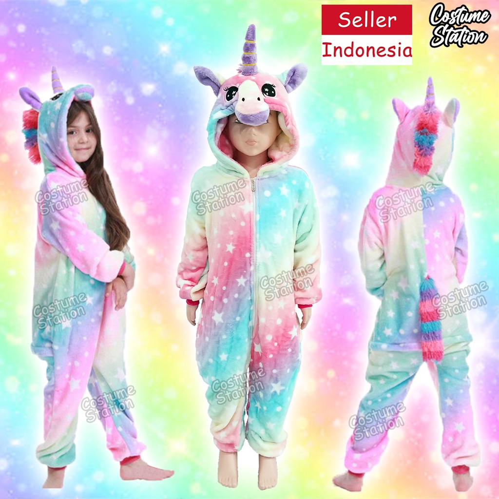 Kostum Onesie Unicorn Rainbow / Costume Kuda Poni motif Pelangi anak perempuan