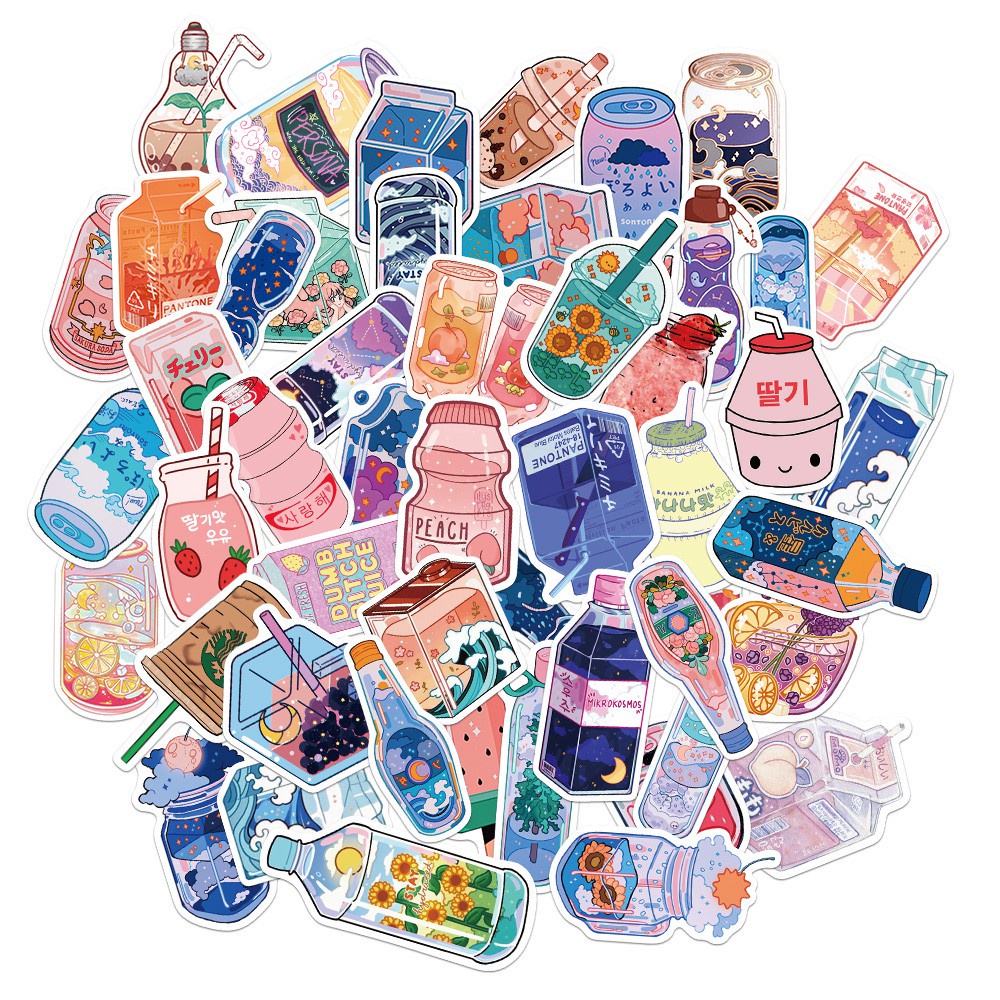 50 Pcs Stiker Motif Kartun Minuman Bahan PVC Untuk Laptop