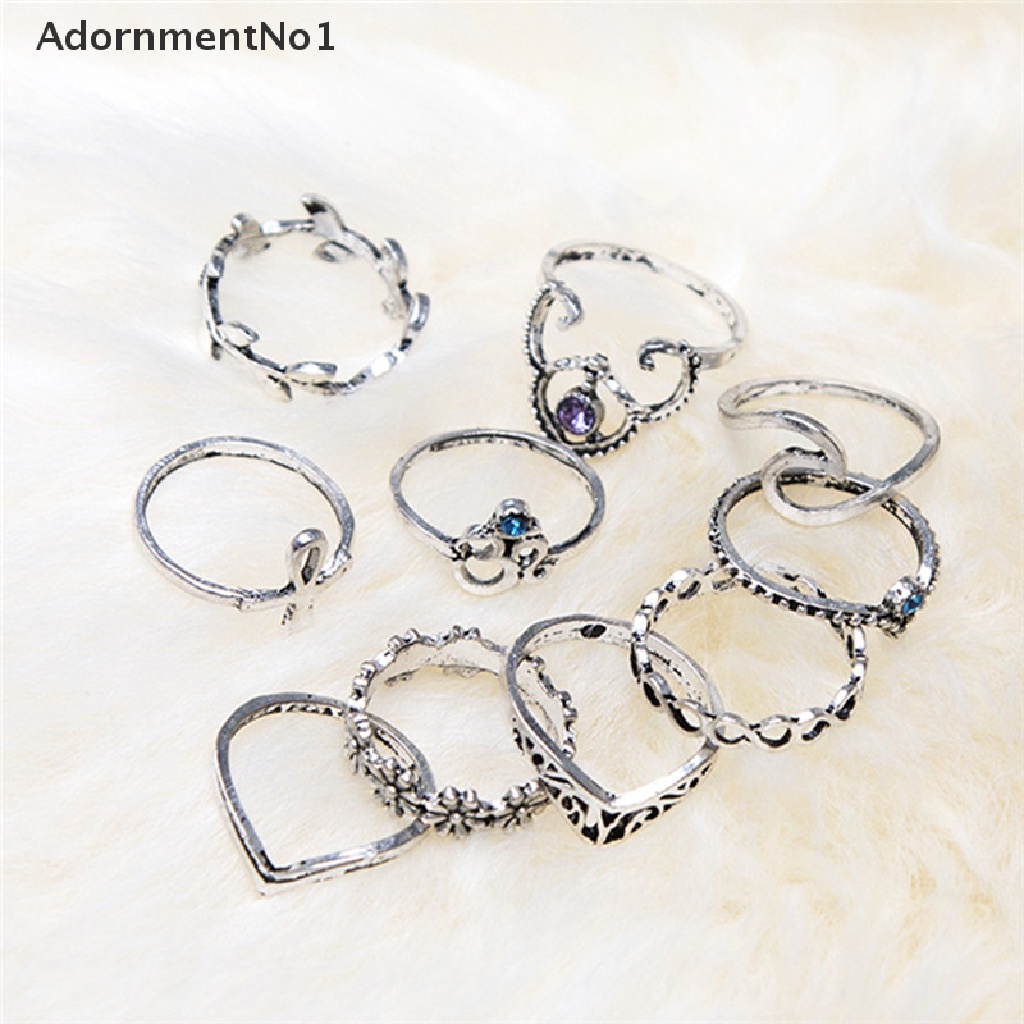 (AdornmentNo1) 10pcs / Set Cincin Knuckle Desain Daun / Geometri / Infinity Hollow Hias Kristal Gaya Unik Untuk Wanita