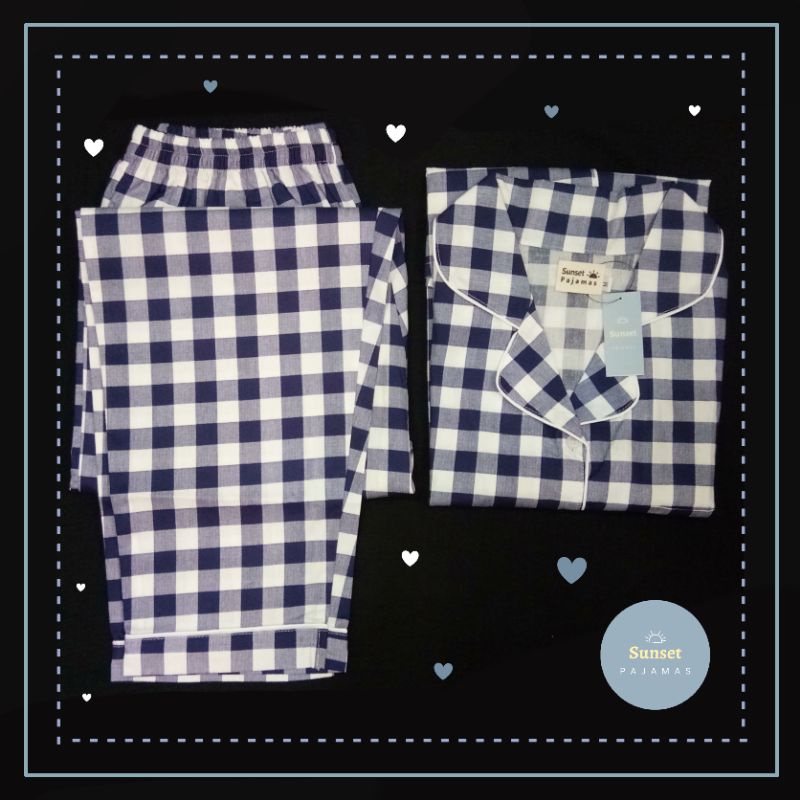 Piyama Gingham Navy | katun Jepang 100% | motif kotak kotak korea | KPOP | Sunset pajamas