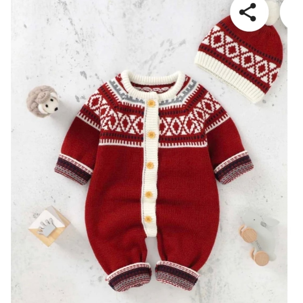 BAJU KOKO BAYI/BAJU UNISEX/JUMPER BAYI KUPLUK/ROMPER KUPLUK/Jumper Rajut Anak Bayi Lucu 0-12 bln UNISEX/Baju kodok/Jumper bayi perempuan/Jumper bayi laki-laki-MERAH ROMPER