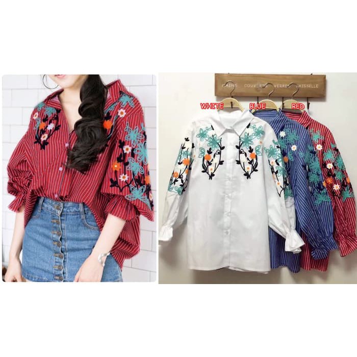 Pakaian Wanita Bigsize Jumbo Kemeja Import Bangkok Katun Mix Bordir Fit XXL BKK046