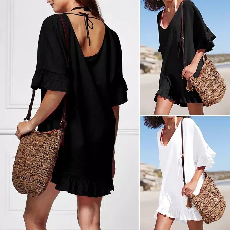 Dress Pantai Wanita Big Size Bikini Cover Outer Jumbo LD 130 Oversize Ruffle Lengan Pendek Hitam Put