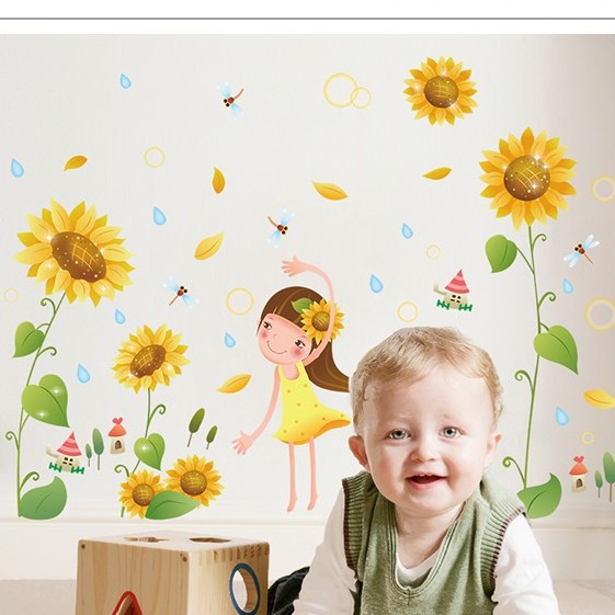 Reliza Wall Sticker Sunflower Girl Garden Bunga Matahari Stiker Dinding LDR 7192