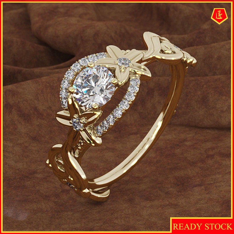 [Ready Stock]Fashion Personality 18K Gold Flower Moissanite Ring