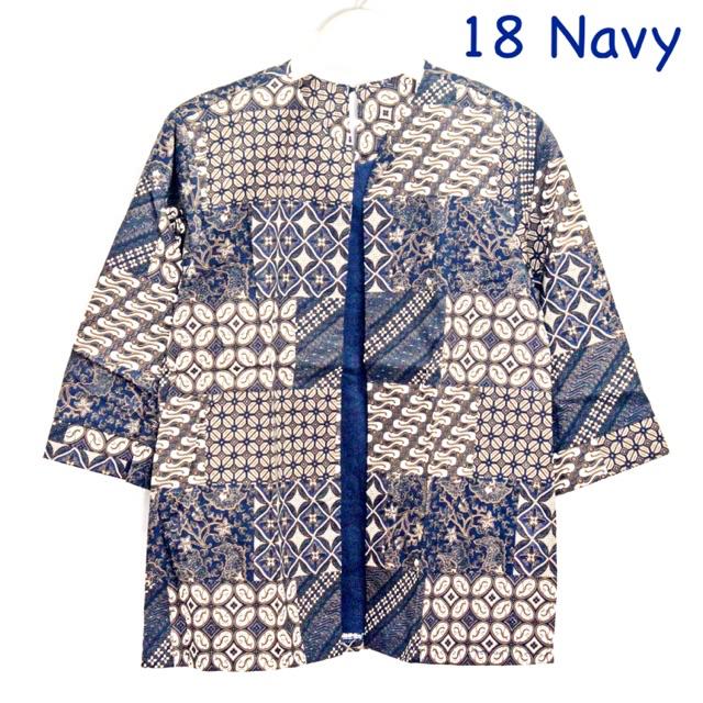 VL88 - Atasan baju batik wanita lengan panjang u/ blouse muslimah & hijaber bahan katun strecth-18. Navy