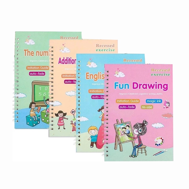 Buku Belajar 4in1 Anak PAUD Latihan Pintar Belajar Menulis Membaca 1set Ajaib Magic Practice Book FREE PEN 8pcs REUSABLE Preschool 3D