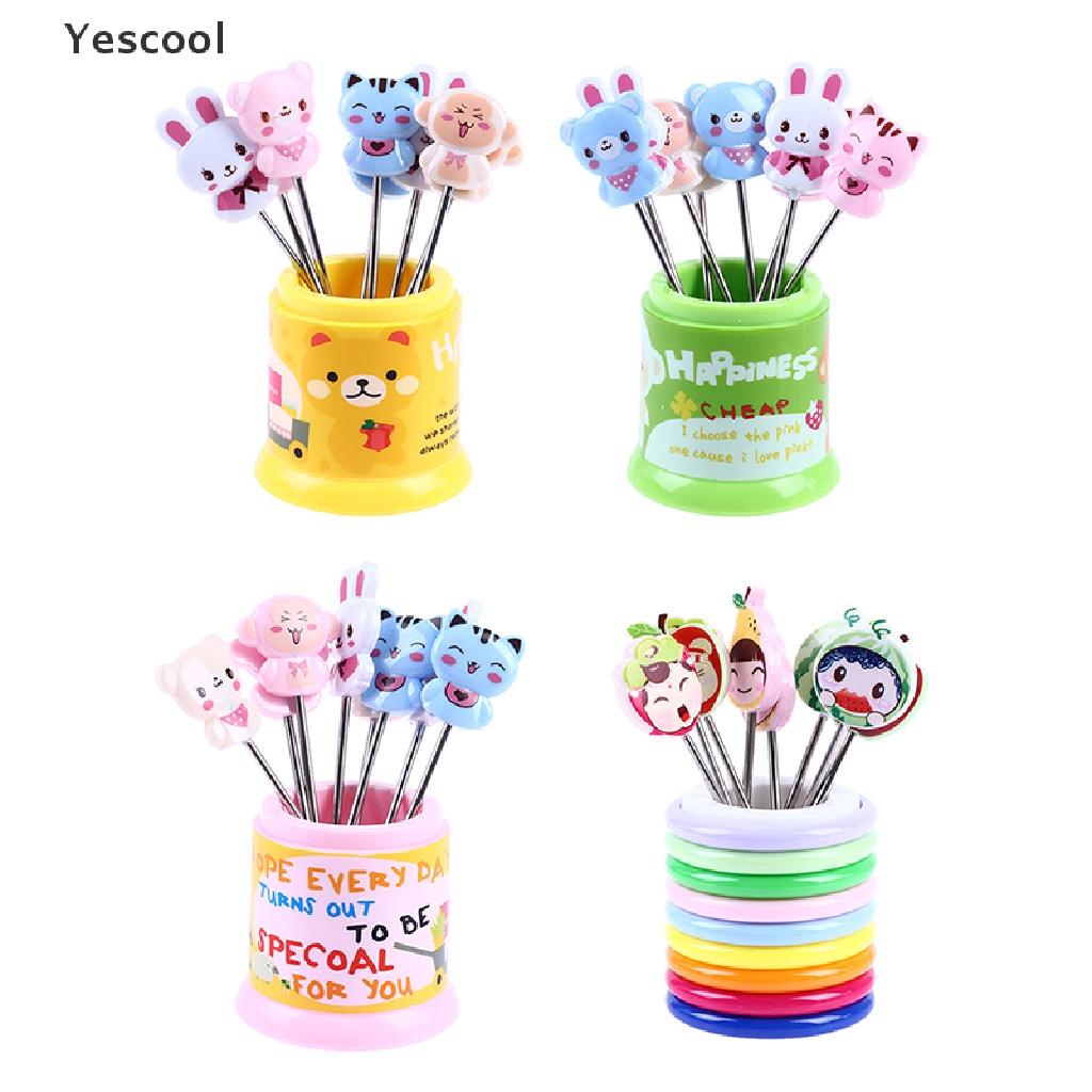 Yescool 1 Set Garpu Buah / Dessert Bahan Stainless Steel Desain Hewan Warna Pelangi Dengan Toples Penyimpanan