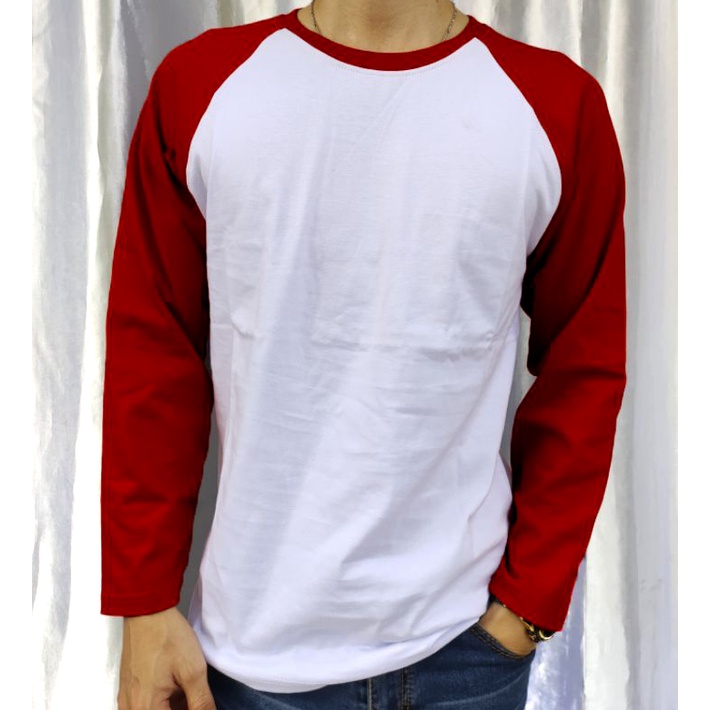 Kaos Raglan Putih Merah Marun Lengan Panjang