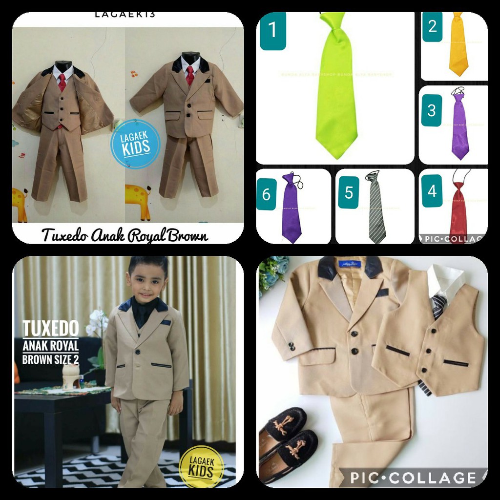 Setelan Jas Anak Laki Premium Usia 1 2 3 5 6 7 8 9 10 COKLAT - Jas Anak Cowok 8in1 Dasi Panjang Tuxedo Coklat Gold