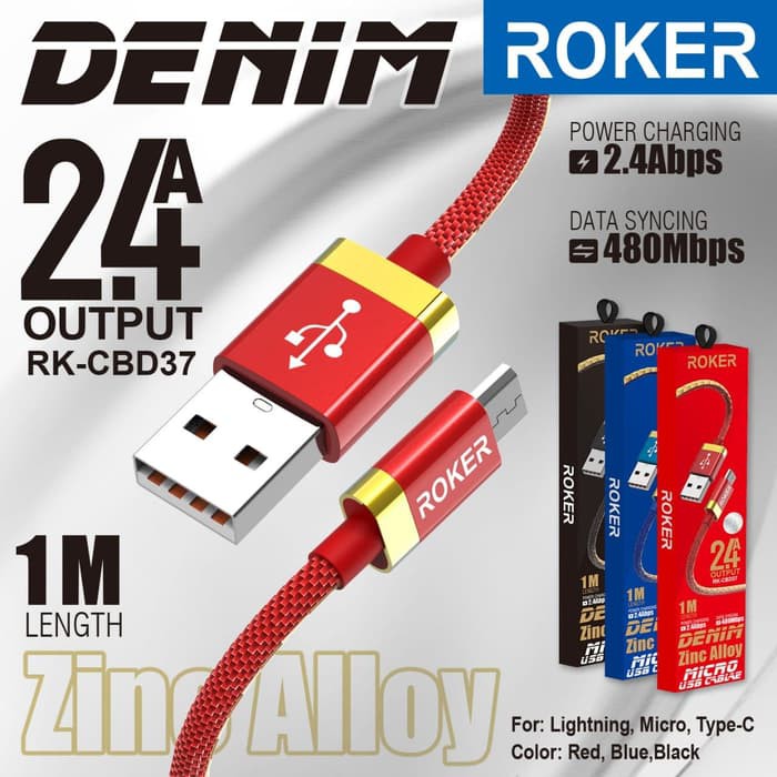 KABEL ROKER DENIM 3TYPE MICRO USB , IPH 5 /6/7/8 , TYPE-C - KABEL CHARGER