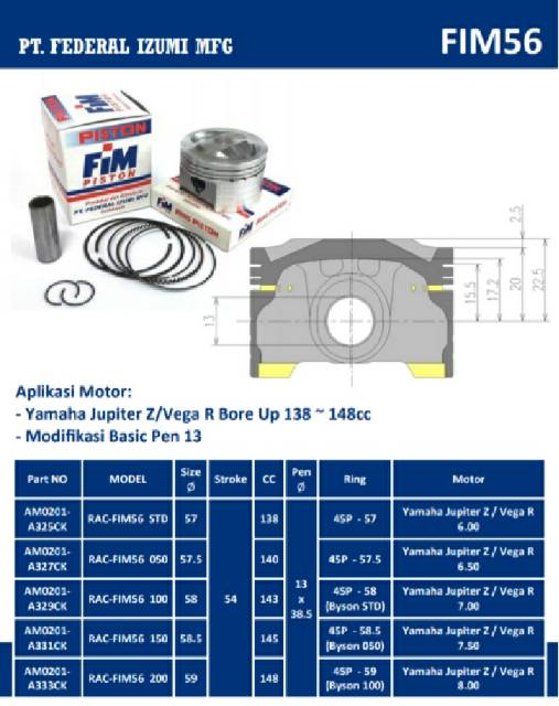 Piston kit FIM Boreup 150cc Jupiter Z Vega R New XXB Dia. 57 57.5 58 58.5 59 mm Pen Pin 13-1