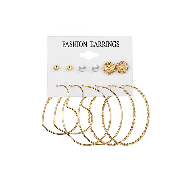 LRC Anting Set Fashion Golden Pearl Love Twist Circle Stud K55515