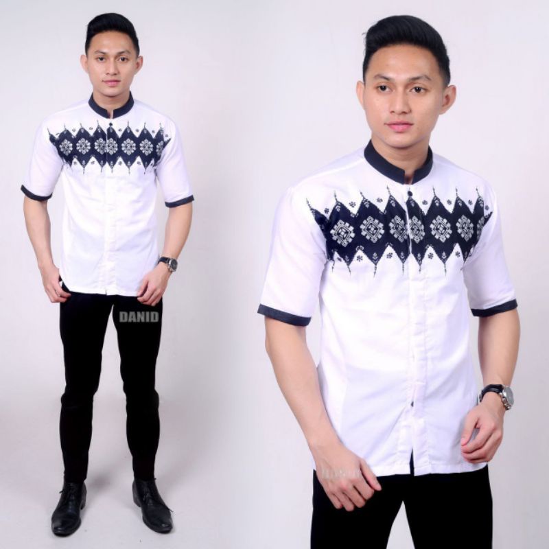 baju koko pria kombinasi bordir dan batik lengan pendek motif kotak