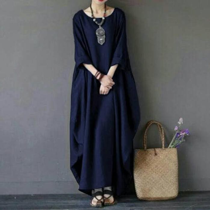 Cuci Gudang Gu- Long Rihana Navy Maxi Dress Polos Casual Santai Korean Import Ori