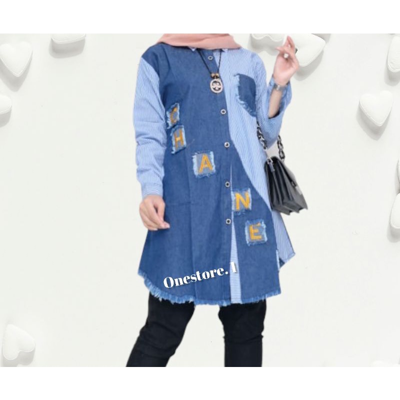 BAJU TUNIK ATASAN WANITA JEANS WASH KOMBINASI BAHAN KATUN  LENGAN PANJANG  KANCING DEPAN BISA COD HA
