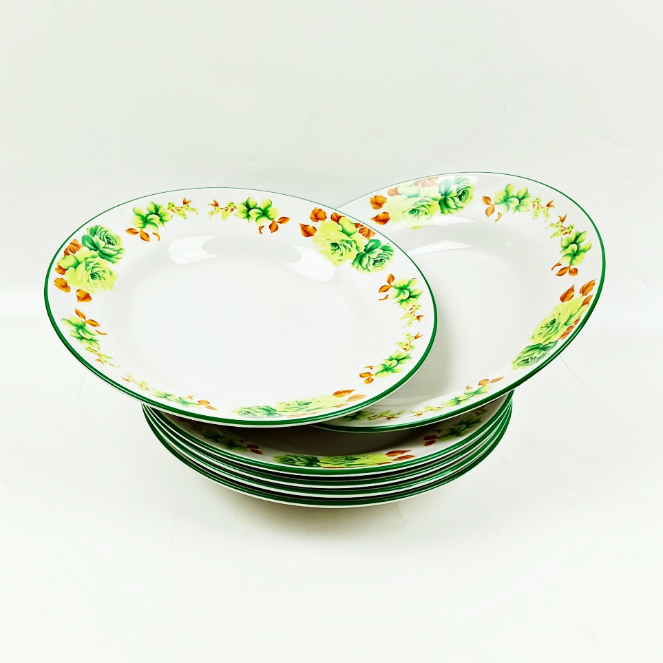 Piring Makan Cekung Keramik Tebal Motif GREEN ROSSIE Kedaung - 6 Pc
