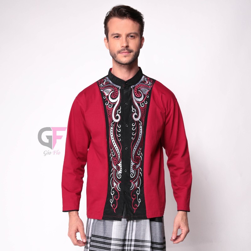 GIOFLO Pakaian Muslim Modern Baju Koko Lengan Panjang Elegan Merah / KKL 15