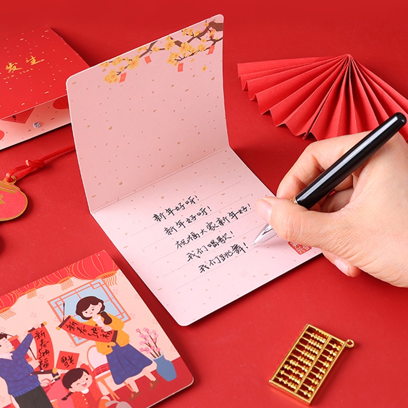 6pcs Kartu Ucapan Selamat Tahun Baru Retro Merah Dengan Amplop Liburan Gaya Cina Wishes Card