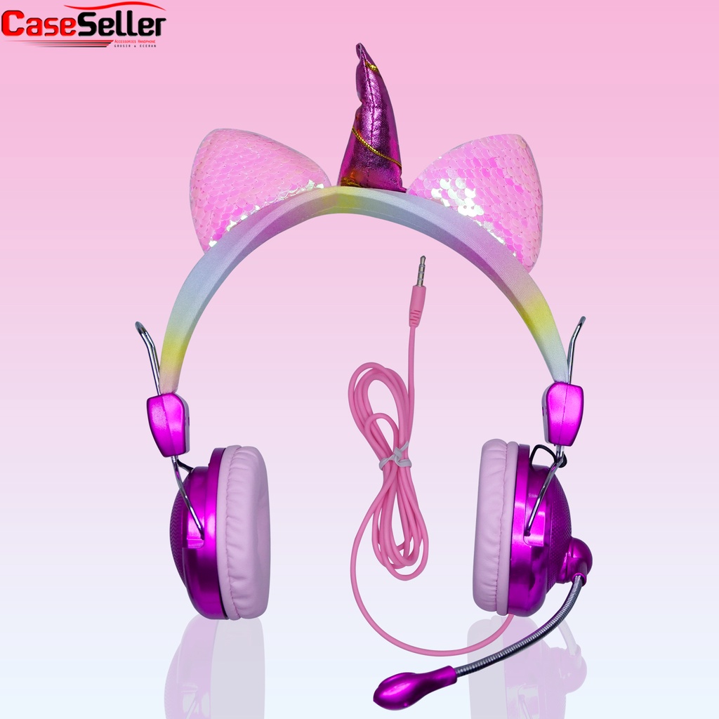 Headphone Unicorn OS Diamond + Mic Candy Glitter Bando Glamor Headset Anak Headphone Bass Lucu Bertanduk CaseSeller