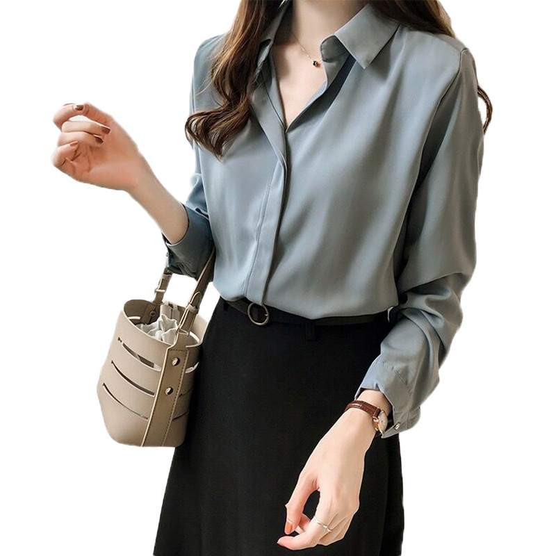 Blus Sifon Korea Lengan  Panjang  Warna Polos  Ada Ukuran  