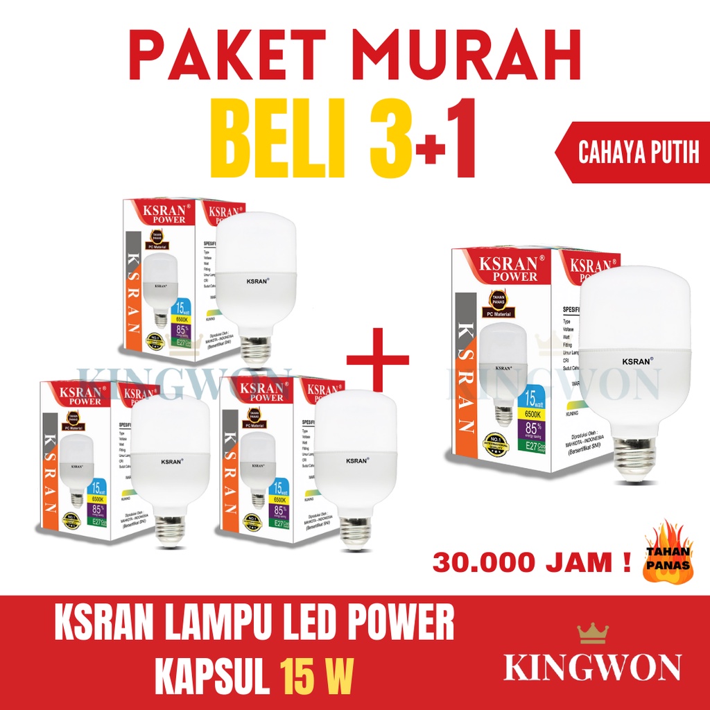 KSRAN Lampu LED 15 watt POWER - (PAKET BELI 3 GRATIS 1) BUNDLE