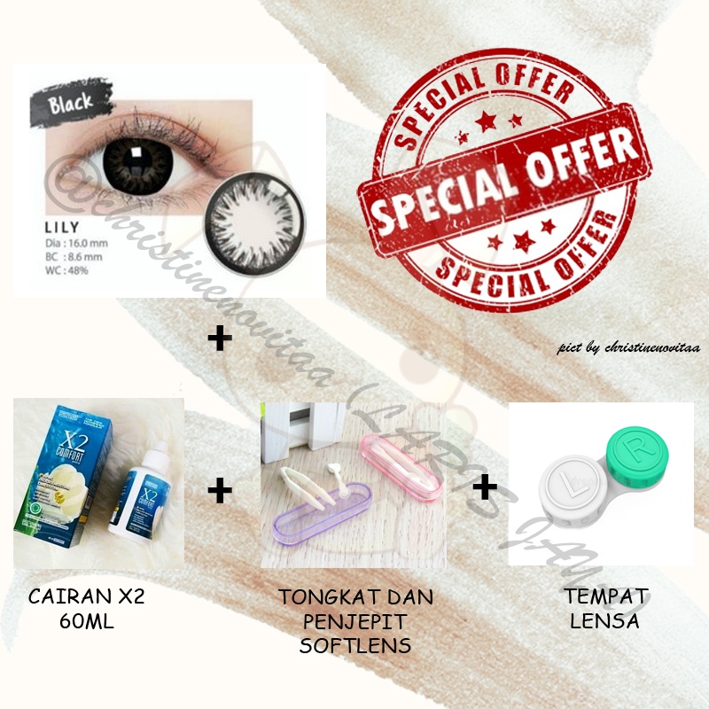 PAKET  SOFTLENS LILY BY IRIS LAB 16MM BIG EYES (NORMAL) + CAIRAN X2 60 ML + PENJEPIT / PINSET