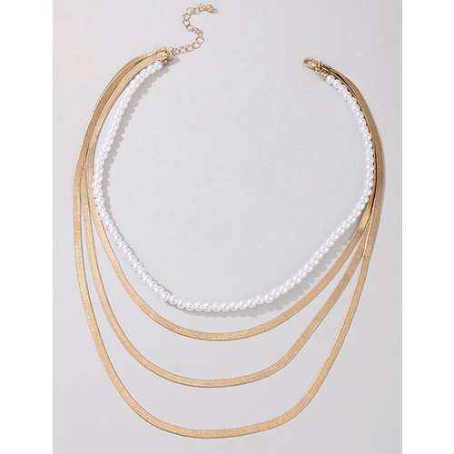 LRC Kalung Fashion Golden Geometric Multilayer Pearl Necklace V81355