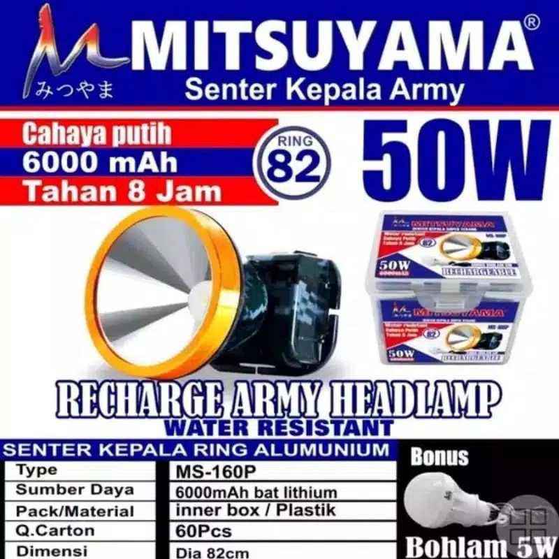 Senter Kepala Mitsuyama 50 Watt Ms-160p + Bohlam 7 Watt Cahaya Putih&amp;Kuning