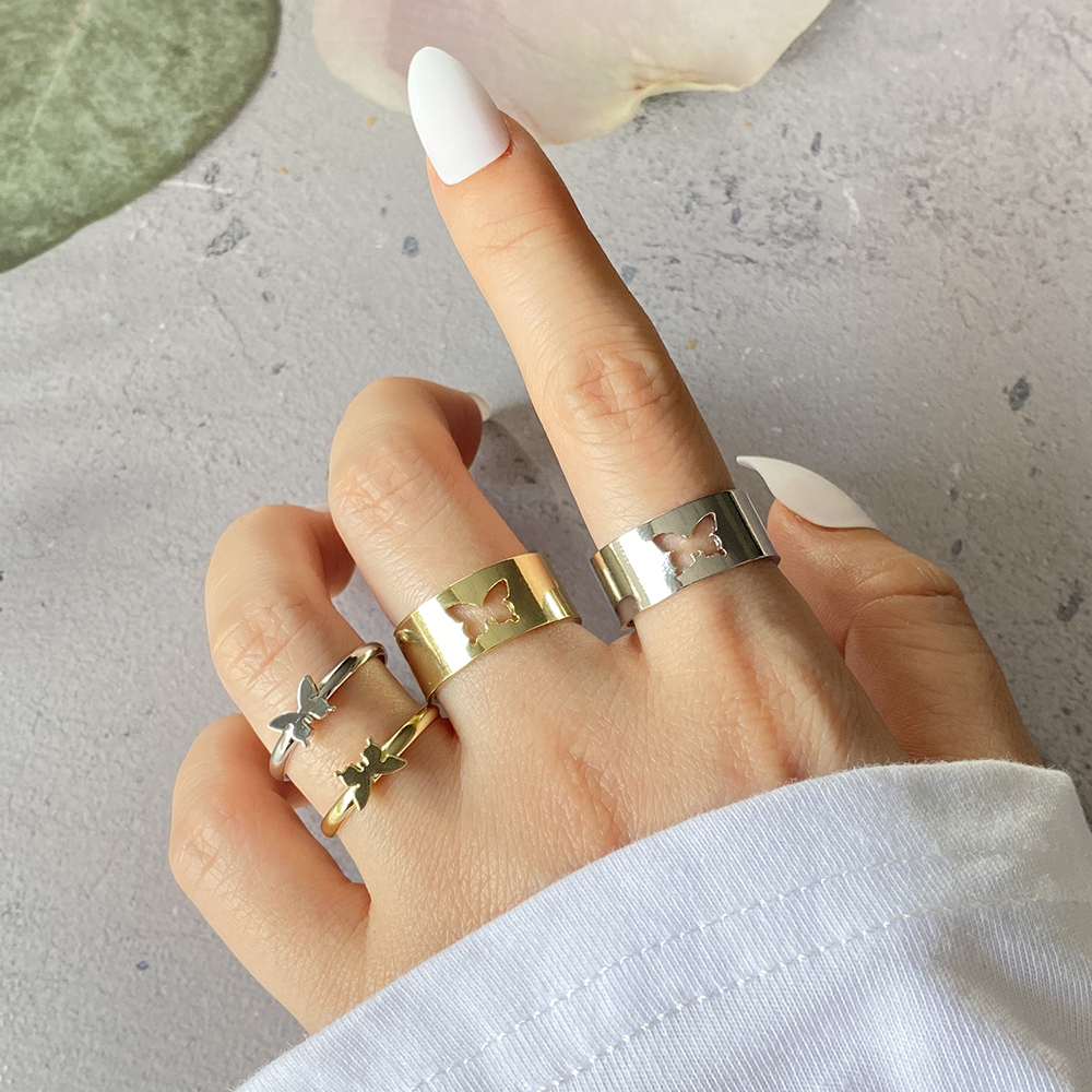 2pcs / Set Cincin Model Terbuka Desain Kupu-Kupu Gaya Vintage Adjustable Untuk Pria / Wanita