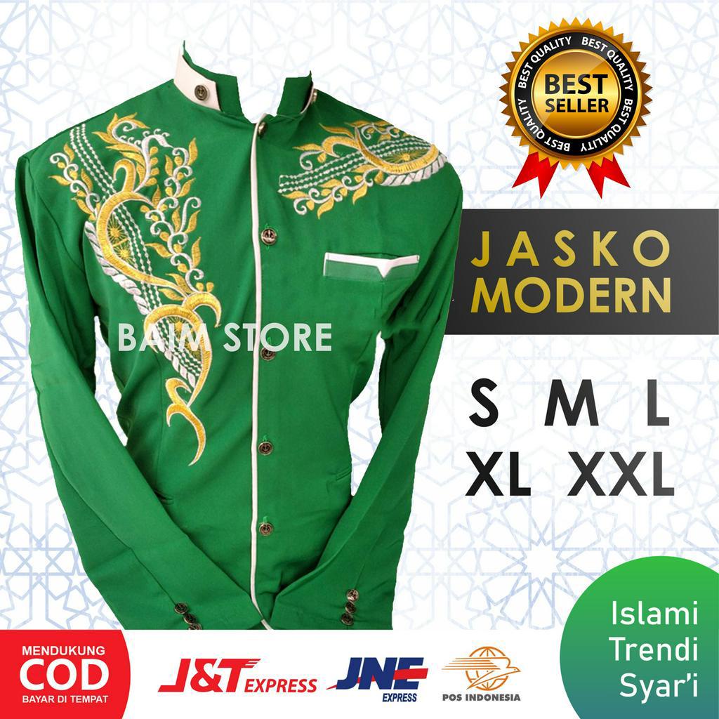 Baju Koko Jasko Muslim Pria Bordir Hijau List Putih Emas Murah Islami Elegan S M L XL XXL