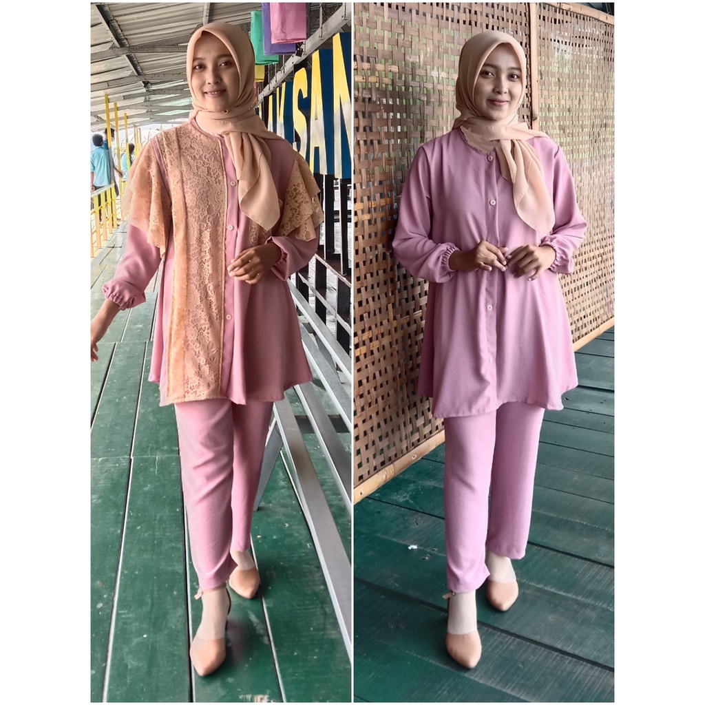 One Set Crinkle Variasi Brukat dan Polos , Stelan Kekinian