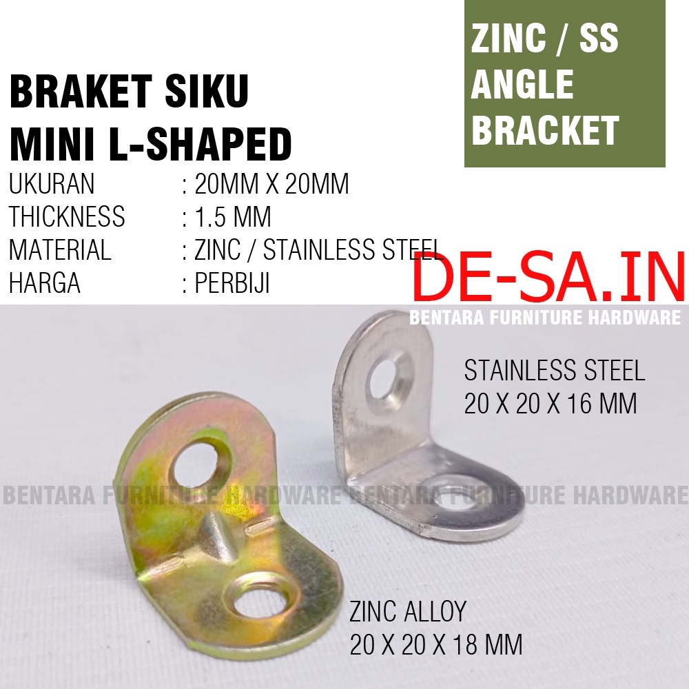 20 MM Siku Stainless Steel / Zinc Plate Braket Siku Mini 20 x 20 MM - L-Shaped Angle Bracket Fastener