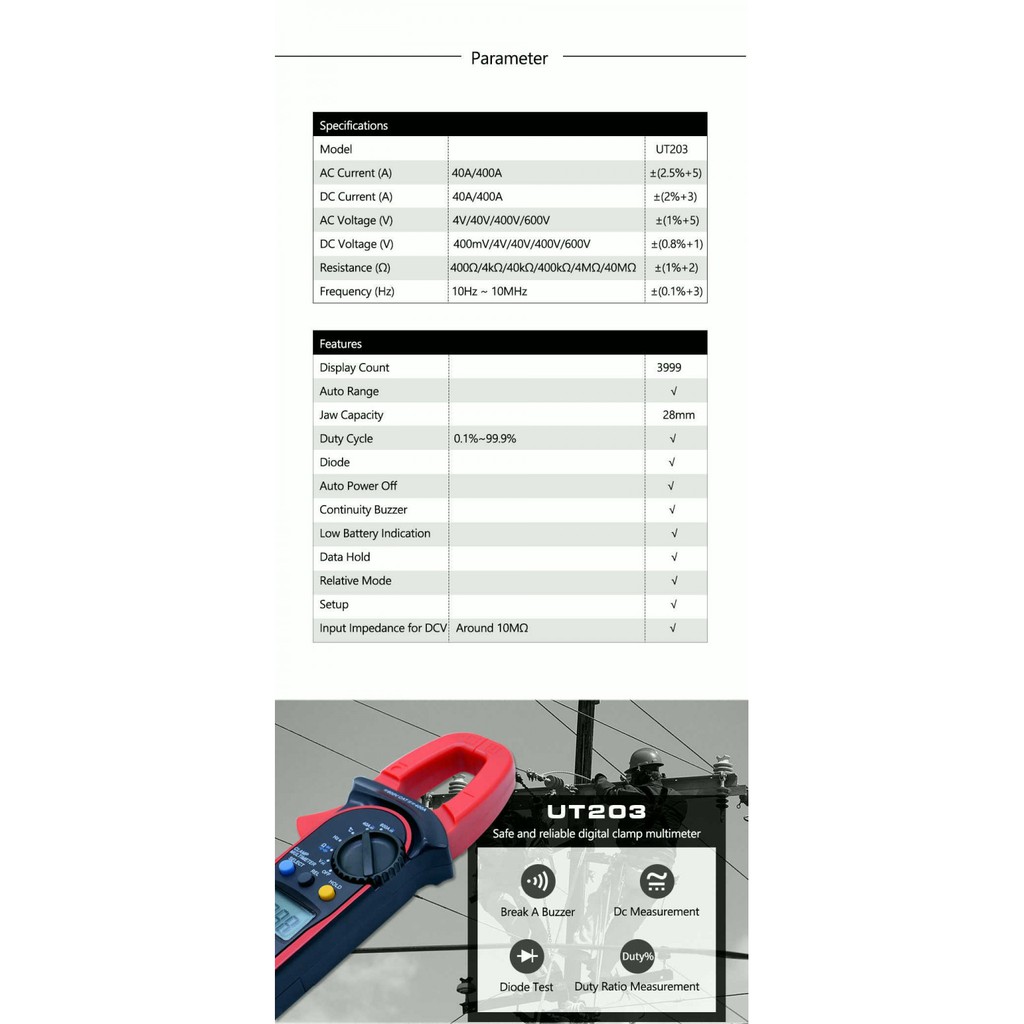 UNI-T UT-203- AC-DC Digital Clamp Meter LCD Display Multitester