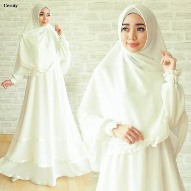 Gamis ceruti white, gamis putih,  gamis umroh, baju gamis haji polos (Gamis + khimar)