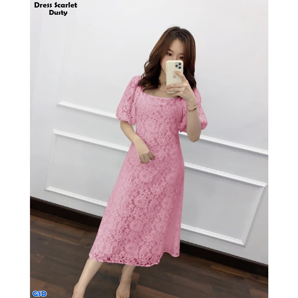 Scarlet/Gaun Pesta Wanita  Dress Asli Baju Natal Casual Bahan Brukat Corneli Lapis Furing